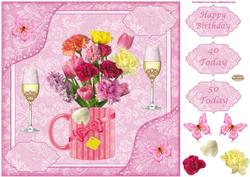 8x8ins Pink Flowers 40-50 Birthday Decoupage Card Front