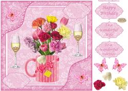 8x8ins Pink Flowers Wife Birthday Decoupage Card Front