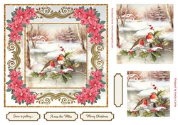 Christmas Robins Snow Scene Red Poinsettia Topper