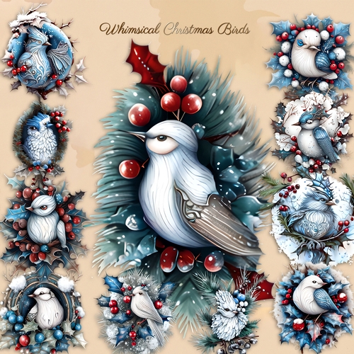 Whismical Christmas Holly Birds