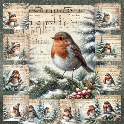 Vintage Music Christmas Robins