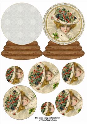 Snow Globe Beautiful Lady in Holly Hat