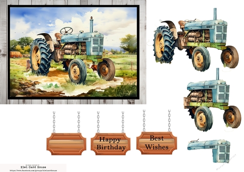 Decoupage Vintage Tractor - Blue