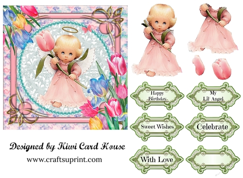 Baby Angel  Tulip Decoupage Card Front