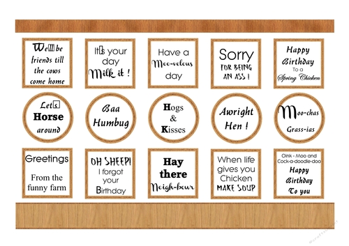 Farmyard Friends - Sentiment boxes with woodgrain frames and ribbons