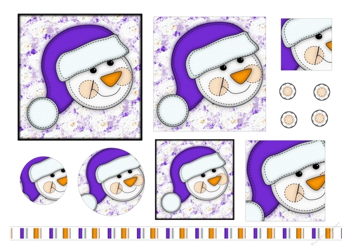 Christmas Stitches - Snowman layered topper with ribbon - A4 - Purple