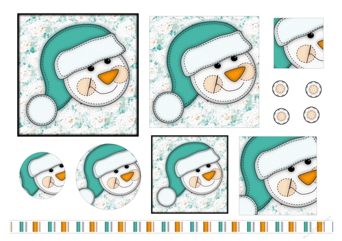 Christmas Stitches - Snowman layered topper with ribbon - A4 - Blue