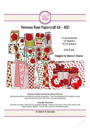 34 piece Papercraft/Digital Craft Kit - Nouveau Rose Red - Toppers, papers and more