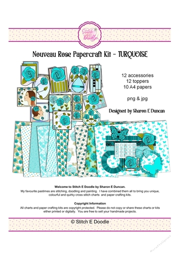 34 piece Papercraft/Digital Craft Kit - Nouveau Rose Turquoise - Toppers, papers and more