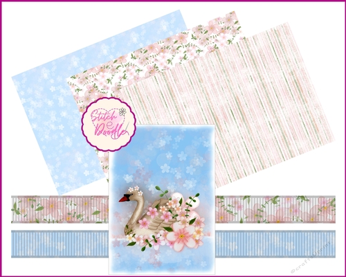 Beautiful Elegant Swan Topper, Papers and Ribbon Borders.  Original Artwork by Sharon Duncan