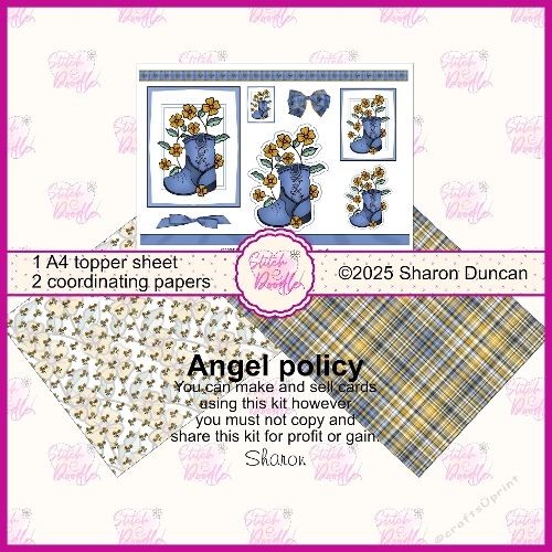 Western Boot with Flowers. Toppers and papers.  3 x A4 printable pages.  Blue