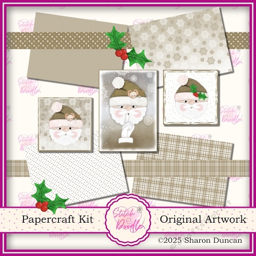 Santas Christmas Paper craft kit: 11 Piece Card Making Kit - SEPIA