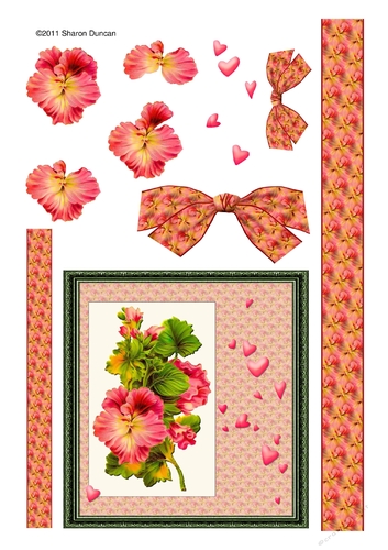 Pretty geranium decoupage with ribbons and bows - red
