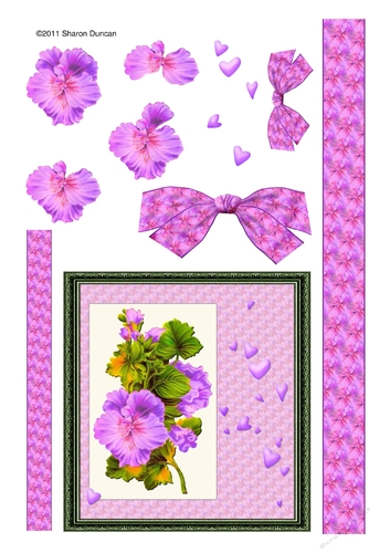 Pretty geranium decoupage with ribbons and bows - pink