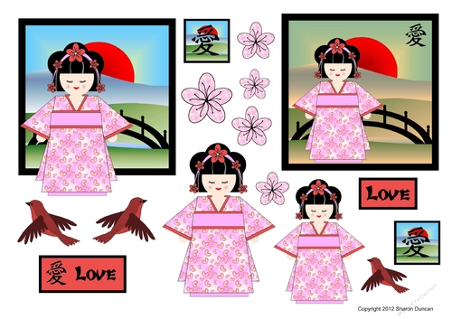 Kodomo Doll Topper Sheet - Oriental Scene - Love
