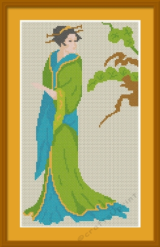 Oriental Lady in Green Kimono Cross Stitch Chart