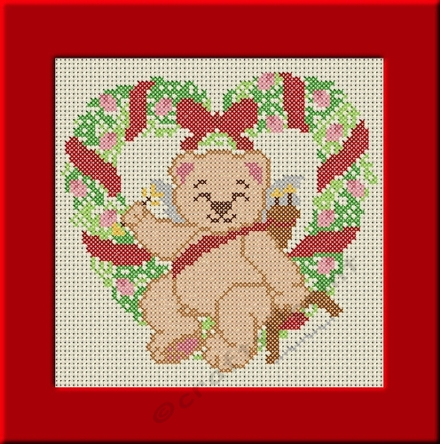 Cupid Bear in Floral Heart - Cross Stitch Chart