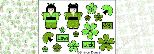 Little Kodomo dolls and blossoms kit - 1 sheet toppers and 2 papers - green