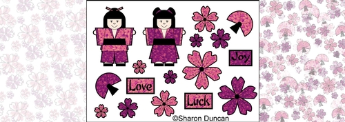 Little Kodomo dolls and blossoms kit - 1 sheet toppers and 2 papers - pink