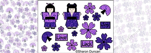Little Kodomo dolls and blossoms kit - 1 sheet toppers and 2 papers - purple