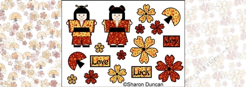 Little Kodomo dolls and blossoms kit - 1 sheet toppers and 2 papers - red