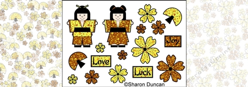 Little Kodomo dolls and blossoms kit - 1 sheet toppers and 2 papers - yellow