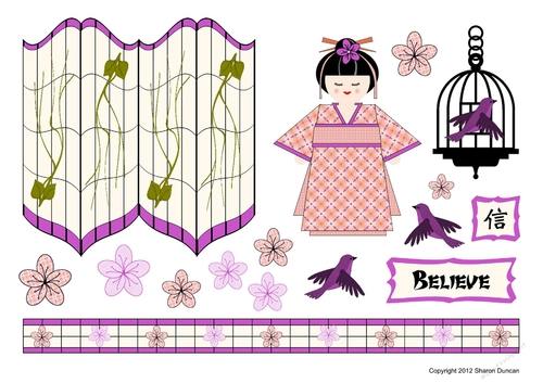 Kanji Kisses Oriental Screen and Doll Topper Sheet and A4 Backing Paper - BELIEVE