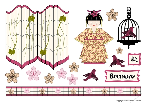 Kanji Kisses Oriental Screen and Doll Topper Sheet and A4 Backing Paper - BIRTHDAY