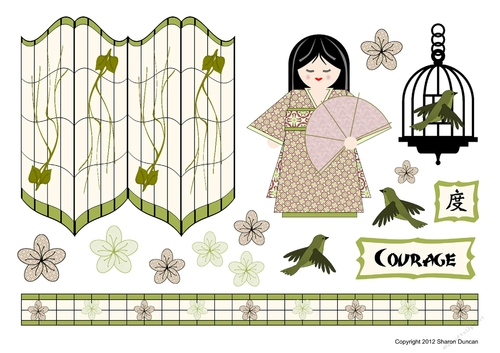 Kanji Kisses Oriental Screen and Doll Topper Sheet and A4 Backing Paper - COURAGE