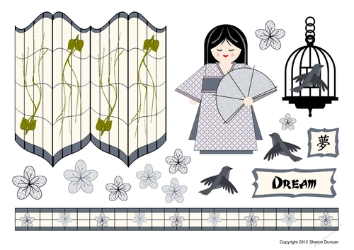 Kanji Kisses Oriental Screen and Doll Topper Sheet and A4 Backing Paper - DREAM