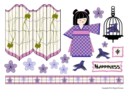 Kanji Kisses Oriental Screen and Doll Topper Sheet and A4 Backing Paper - HAPPINESS