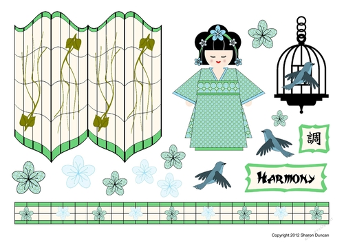 Kanji Kisses Oriental Screen and Doll Topper Sheet and A4 Backing Paper - HARMONY
