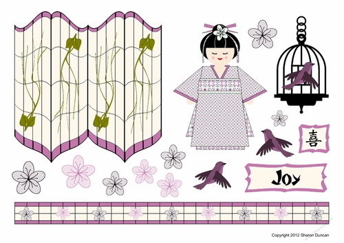 Kanji Kisses Oriental Screen and Doll Topper Sheet and A4 Backing Paper - JOY