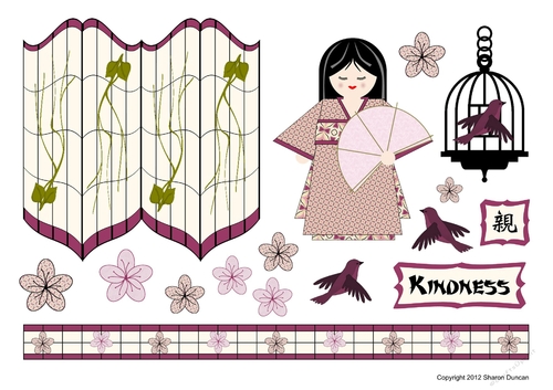 Kanji Kisses Oriental Screen and Doll Topper Sheet and A4 Backing Paper - KINDNESS