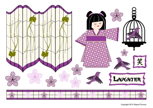 Kanji Kisses Oriental Screen and Doll Topper Sheet and A4 Backing Paper - LAUGHTER