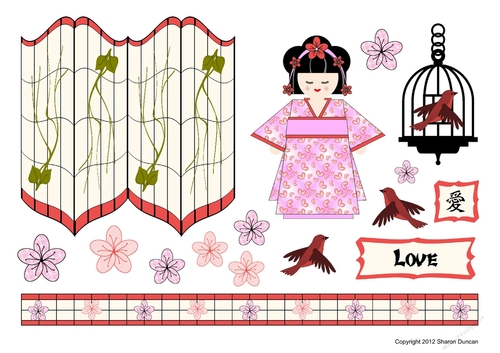 Kanji Kisses Oriental Screen and Doll Topper Sheet and A4 Backing Paper - LOVE