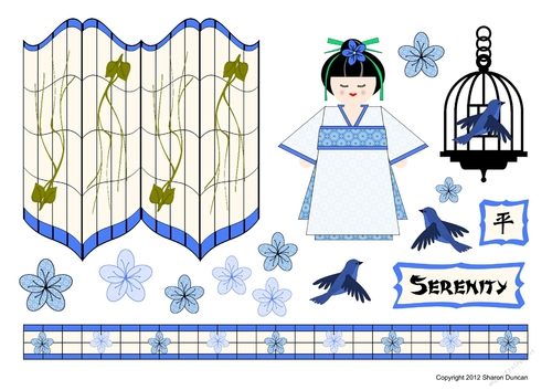 Kanji Kisses Oriental Screen and Doll Topper Sheet and A4 Backing Paper - SERENITY