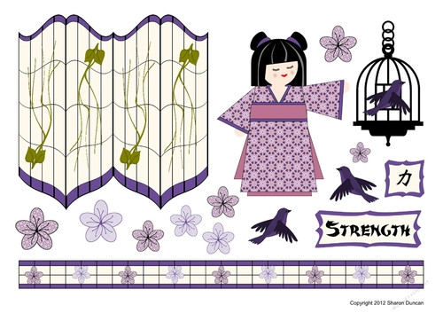 Kanji Kisses Oriental Screen and Doll Topper Sheet and A4 Backing Paper - STRENGTH