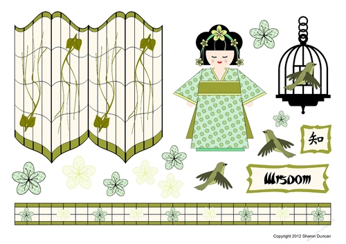Kanji Kisses Oriental Screen and Doll Topper Sheet and A4 Backing Paper - WISDOM