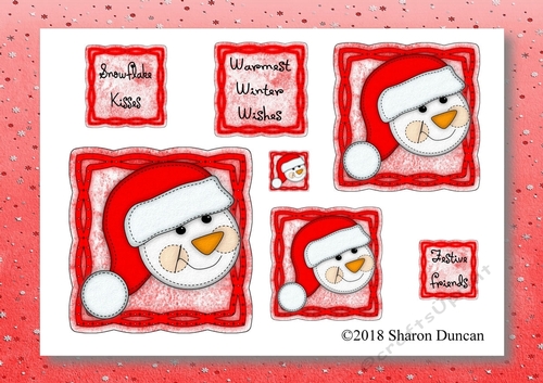 Christmas Stitches - Snowman topper sheet with matching paper - A4 - Red