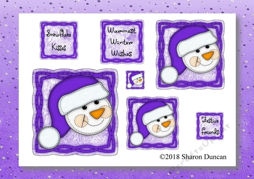 Christmas Stitches - Snowman topper sheet with matching paper - A4 - Purple