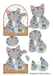 Cheeky Grey Cat Looking After His Fishy Friend