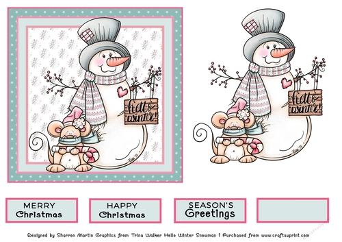 6x6 Card front, Topper with Decoupage - Hello Winter Snowman 