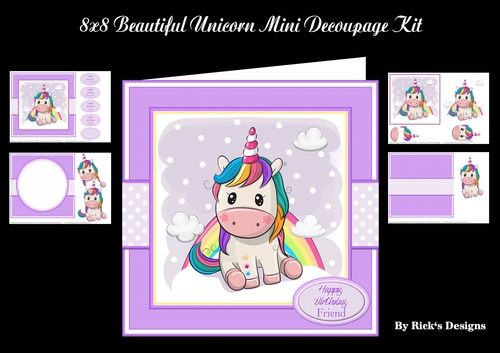 8x8 Beautiful Unicorn Mini Decoupage Kit - x4 A4 Sheets 