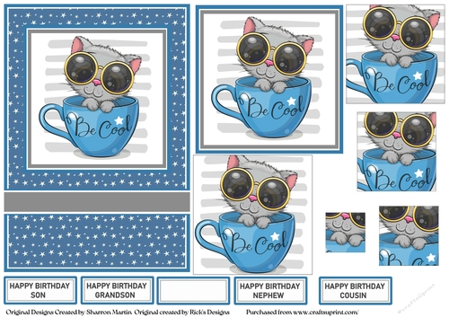 A6 Be Cool Cat Card Front, Topper, Pyramid Layers and sentiments 