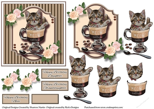 12.5x12.5cm Catpucchino Card Topper/Front, Decoupage and Sentiments 