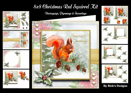 8x8 Christmas Red Squirrel Kit Decoupage, Pyramage & Invertage 