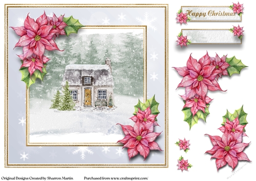 8x8 Cute Christmas Cottage Card Front with Decoupage & Sentiments