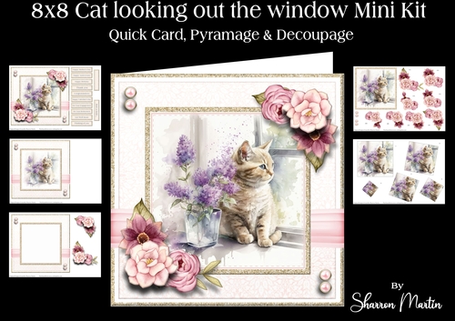 8x8 Cat looking out the window Mini Kit - Decoupage, & Pyramage - x5 A4 sheets 