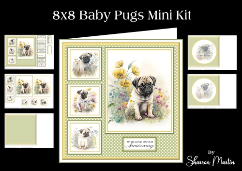 8x8 Baby Pugs Mini Kit - Decoupage, & Pyramage - x5 A4 sheets 